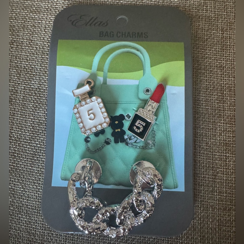 Ellas Bag Charms - Red/Silver Lipstick, White/Gold Perfume & Silver-Tone Chain